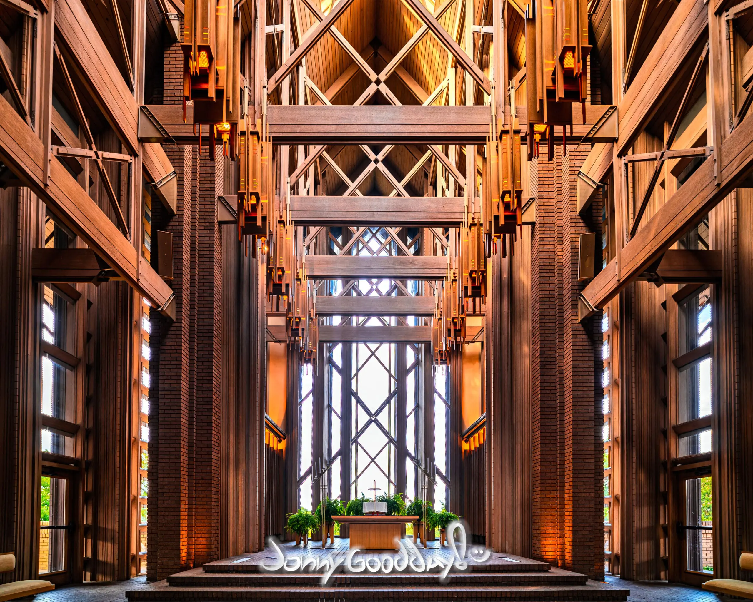 Symmetrical view through the sanctuary of the Marty Leonard Community Chapel in Fort Worth, designed by Fay Jones