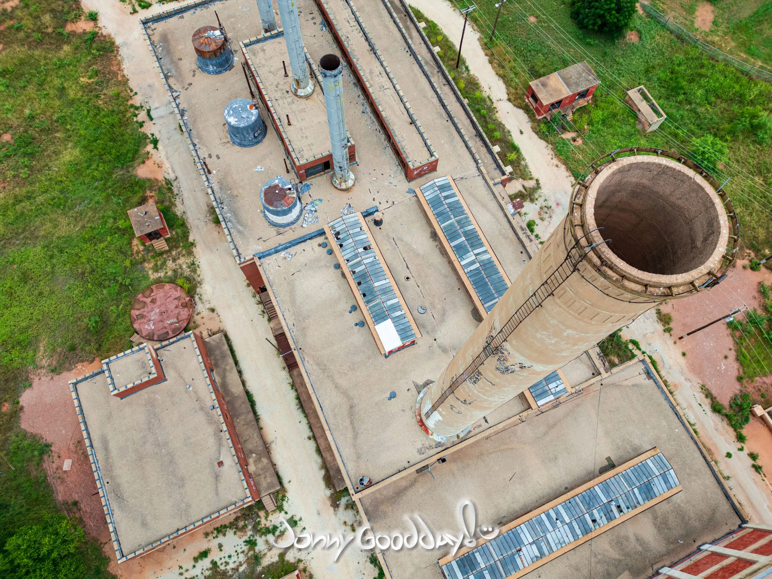 Aerial view of the historic WTU Power Plant and smokestack in Abilene Texas