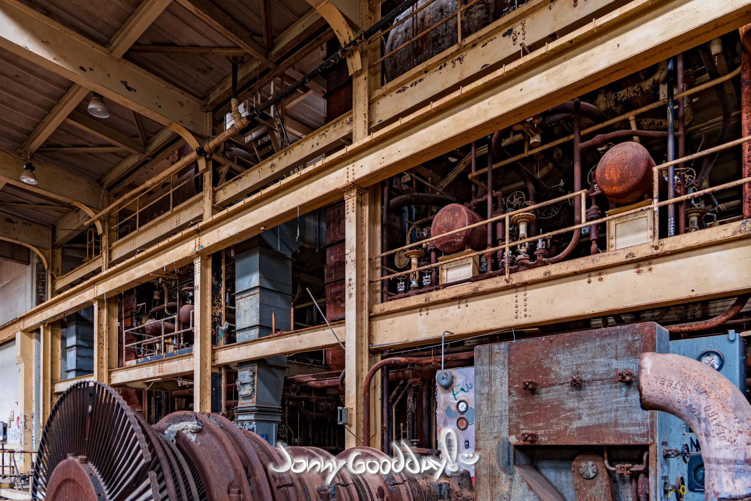 Historic machinery and steel structure inside the WTU Power Plant in Abilene