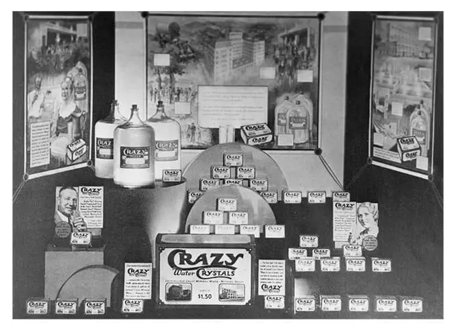 A historic product display for Crazy Water Crystals made in Mineral Wells, Texas.