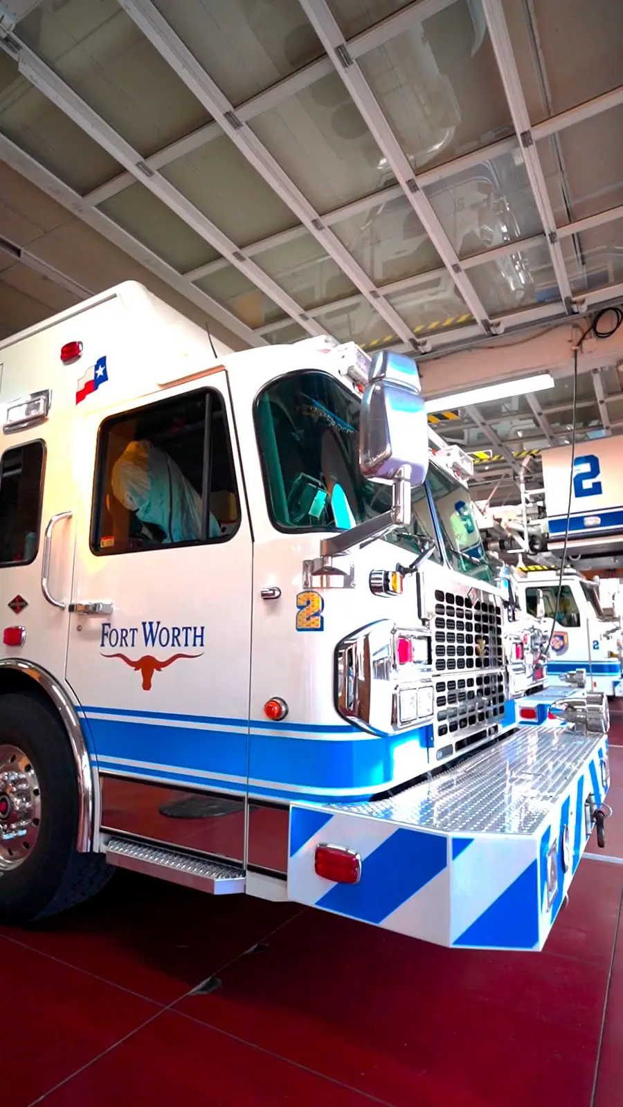 Fort Worth Fire Department engine parked inside Fire Station No. 2