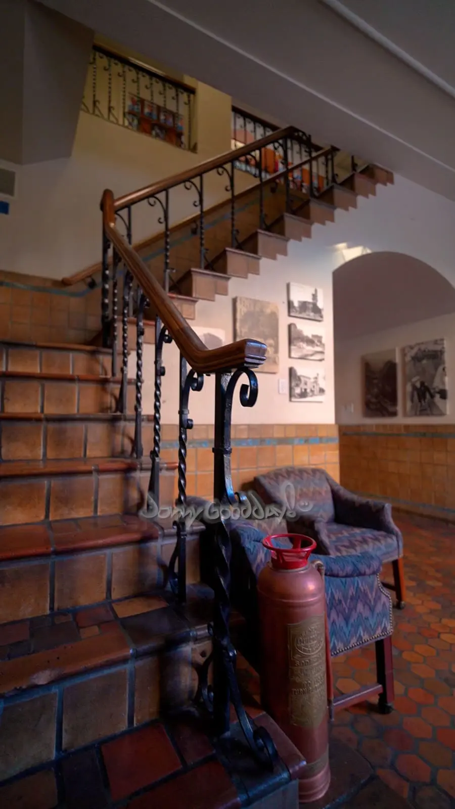 Historic tile staircase and iron railing inside Fort Worth Fire Station No. 2