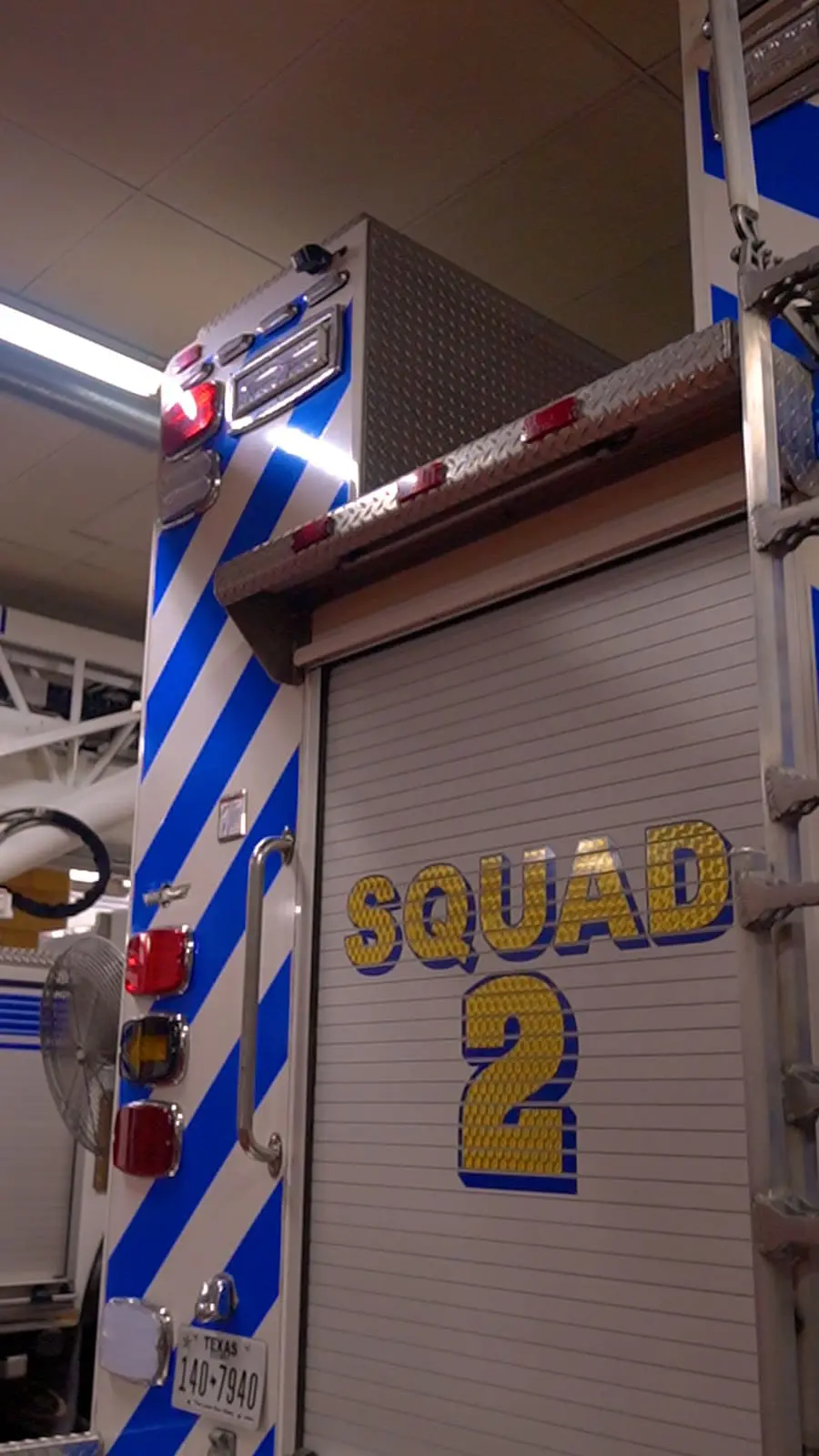 Squad 2 emergency vehicle inside Fort Worth Fire Station No. 2