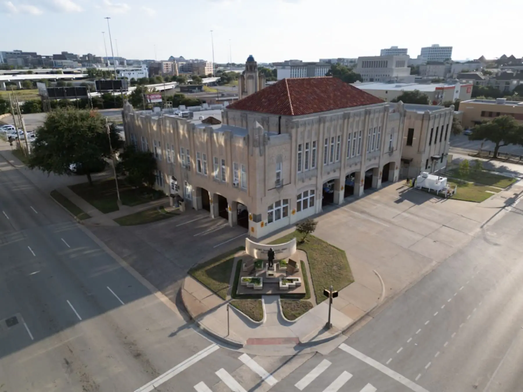 Aerial view of historic Fort Worth Fire Station No. 2 and its apparatus bays near downtown