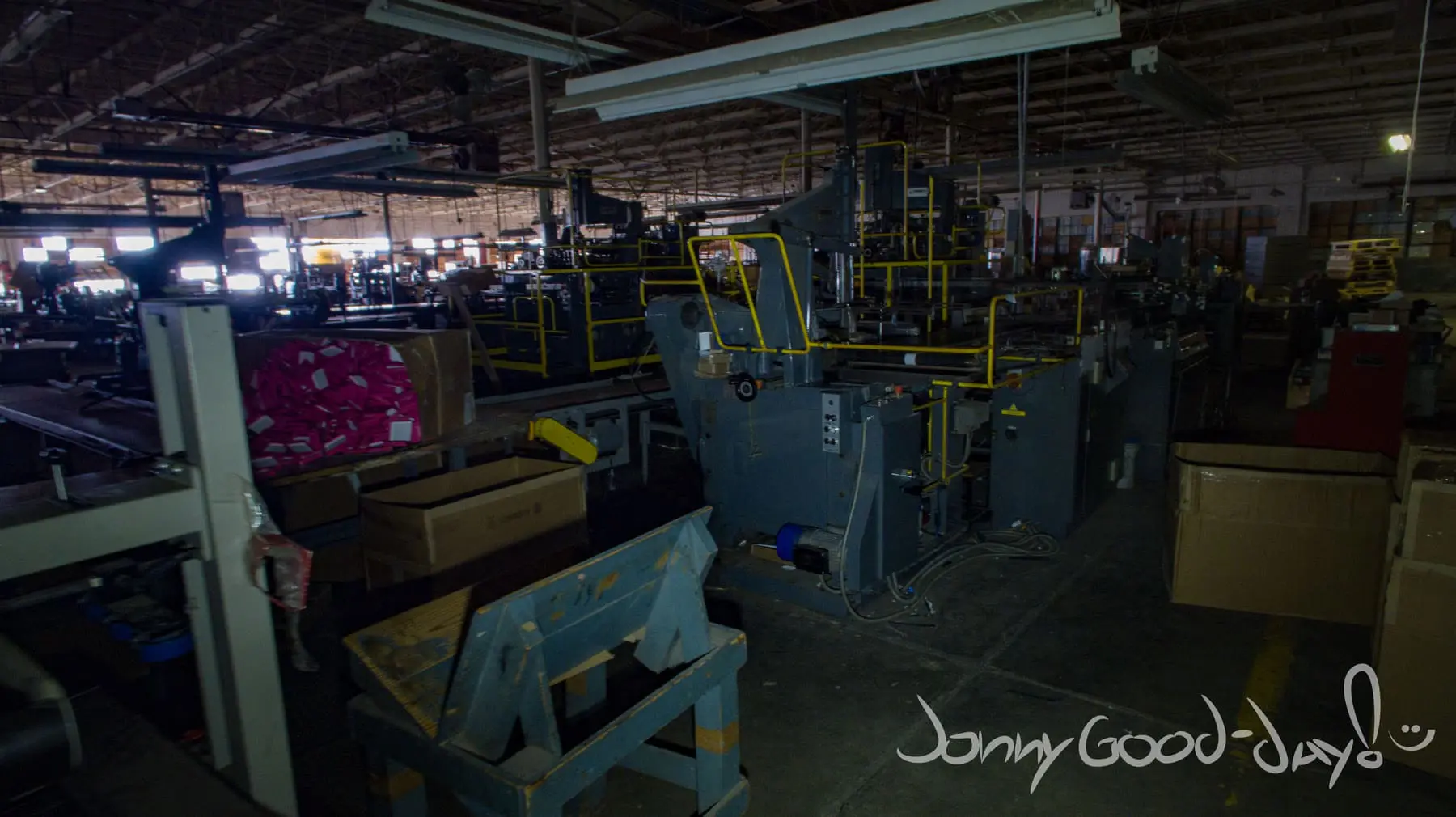 Original industrial machinery on the production floor of the Mineral Wells Box Factory.