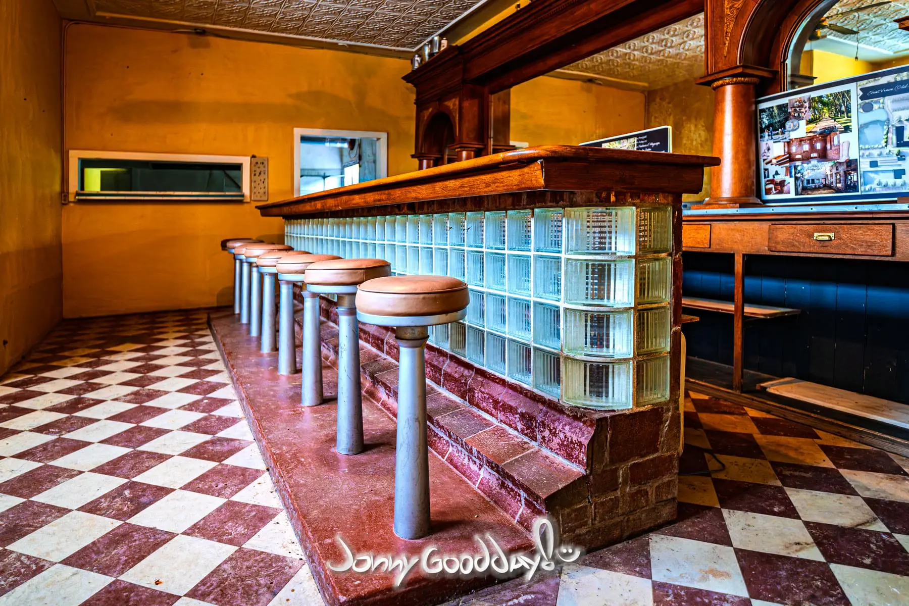 The vintage counter, stools, and dining area inside Zim’s in Strawn, Texas.