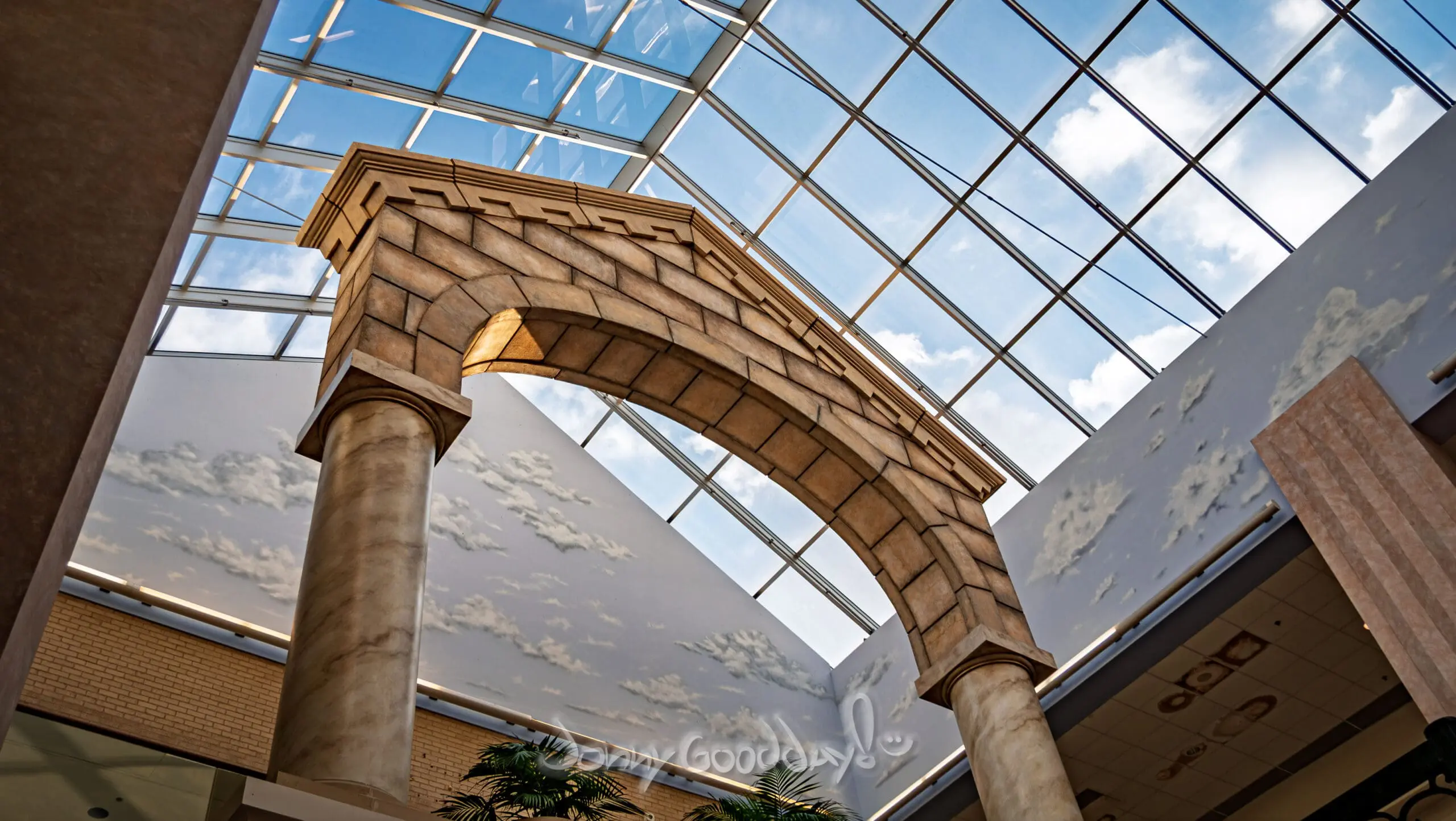 Stone arch and skylight inside Ridgmar Mall in Fort Worth