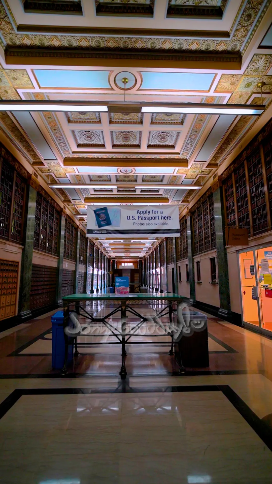Ornate interior lobby of Fort Worth Central Post Office with historic columns and coffered ceiling