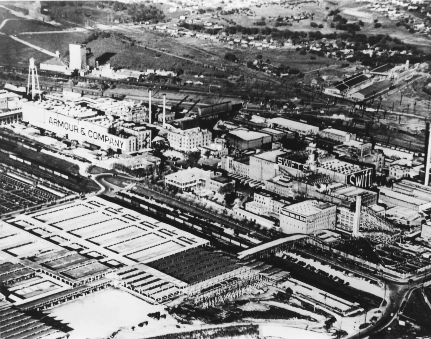 Aerial view of the Armour and Swift packing plants and the Fort Worth Stockyards in the 1930s.