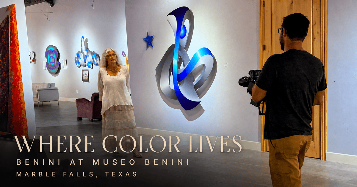 Lorraine Benini being filmed inside Museo Benini with the title Where Color Lives