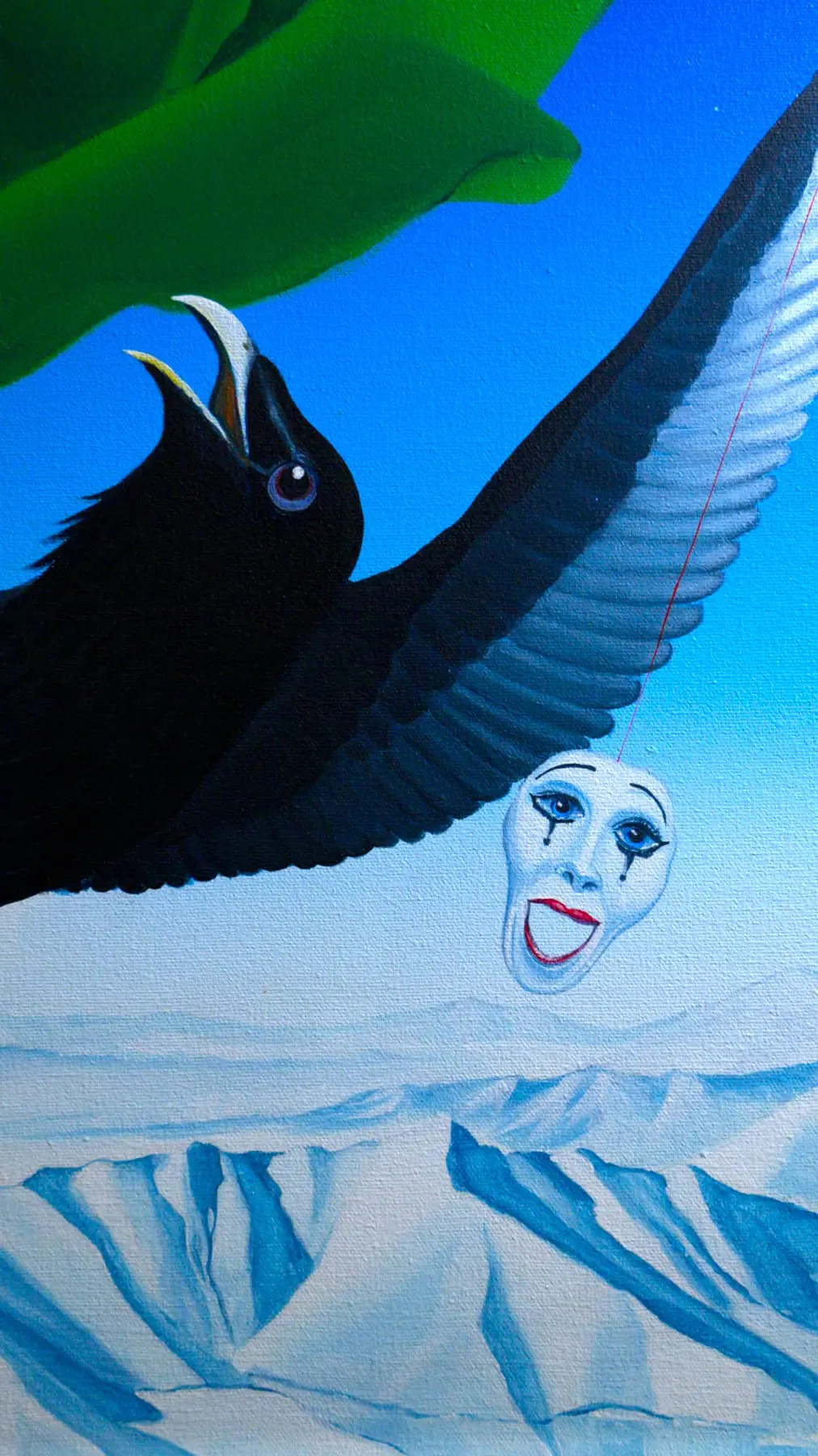 Detail of a Benini surrealist painting with a black bird, mask and blue sky