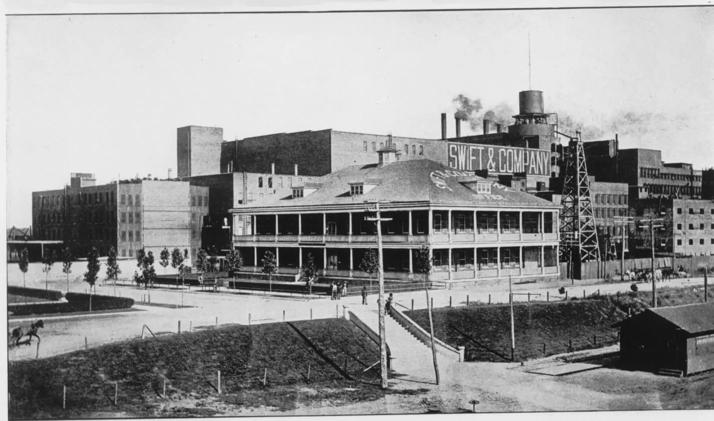 Undated historic view of the Swift and Company packing house from the Fort Worth Stockyards.