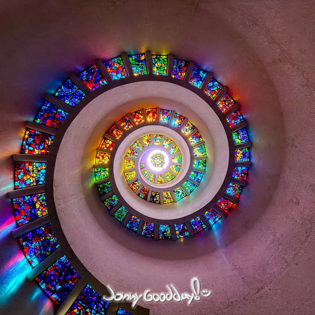 Spiral stained-glass Glory Window inside the Chapel of Thanks-Giving