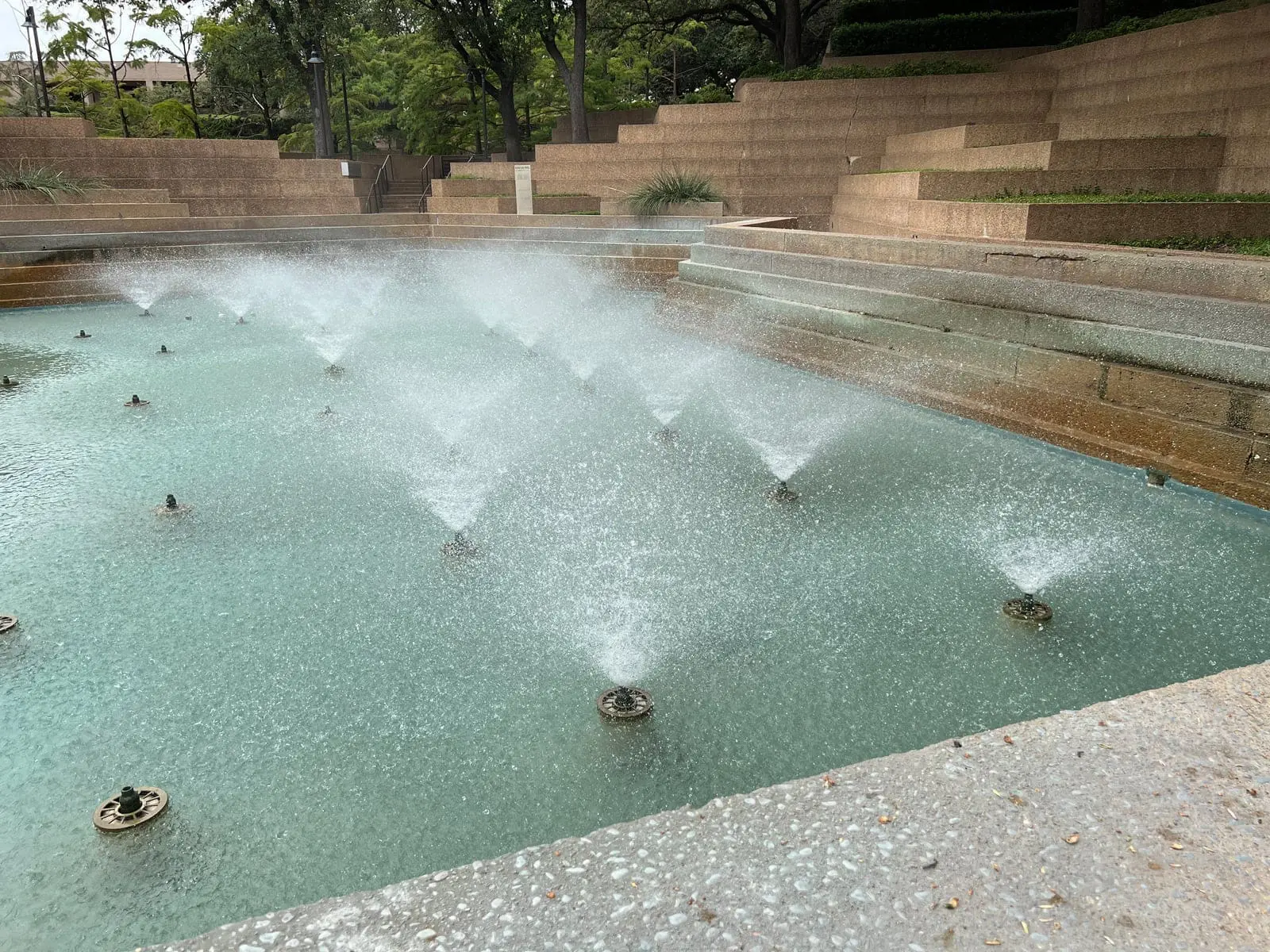 Water and geometric concrete terraces at the Fort Worth Water Gardens