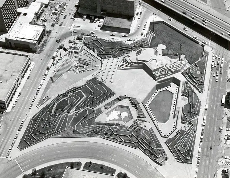 Historic aerial view of the Fort Worth Water Gardens