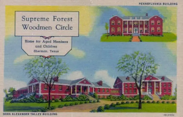 Postcard showing multiple buildings of the Supreme Forest Woodmen Circle campus