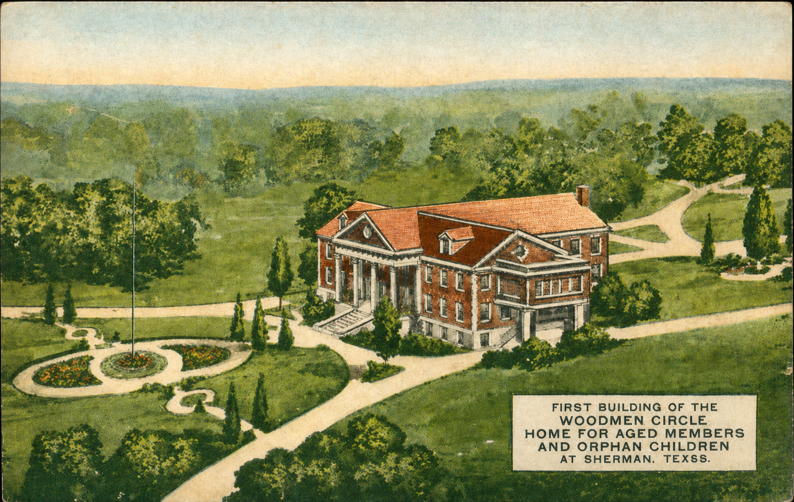 Vintage postcard showing the Woodmen Circle Home campus in Sherman