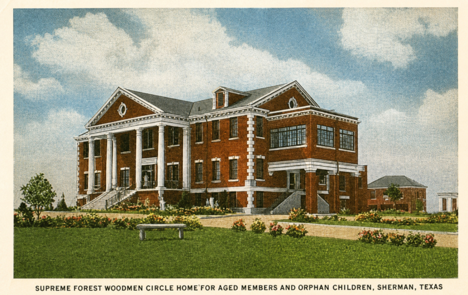 Vintage postcard of the Woodmen Circle Home and gardens in Sherman