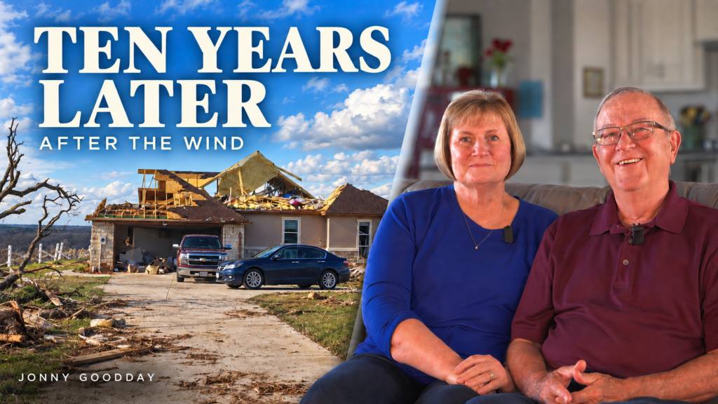 Ten Years Later: After the Wind thumbnail montage showing the damaged home in 2016 beside Vicki and Glen Zell in their rebuilt home in 2026.