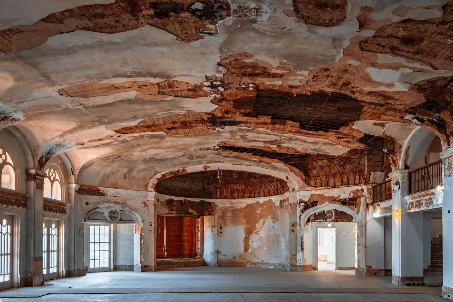 Empty Baker Hotel room with arched windows, exposed ceiling and soft daylight