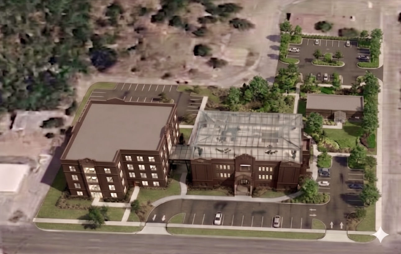Conceptual aerial rendering of Michael Bates’s proposed redevelopment of Mineral Wells’ old high school and surrounding property