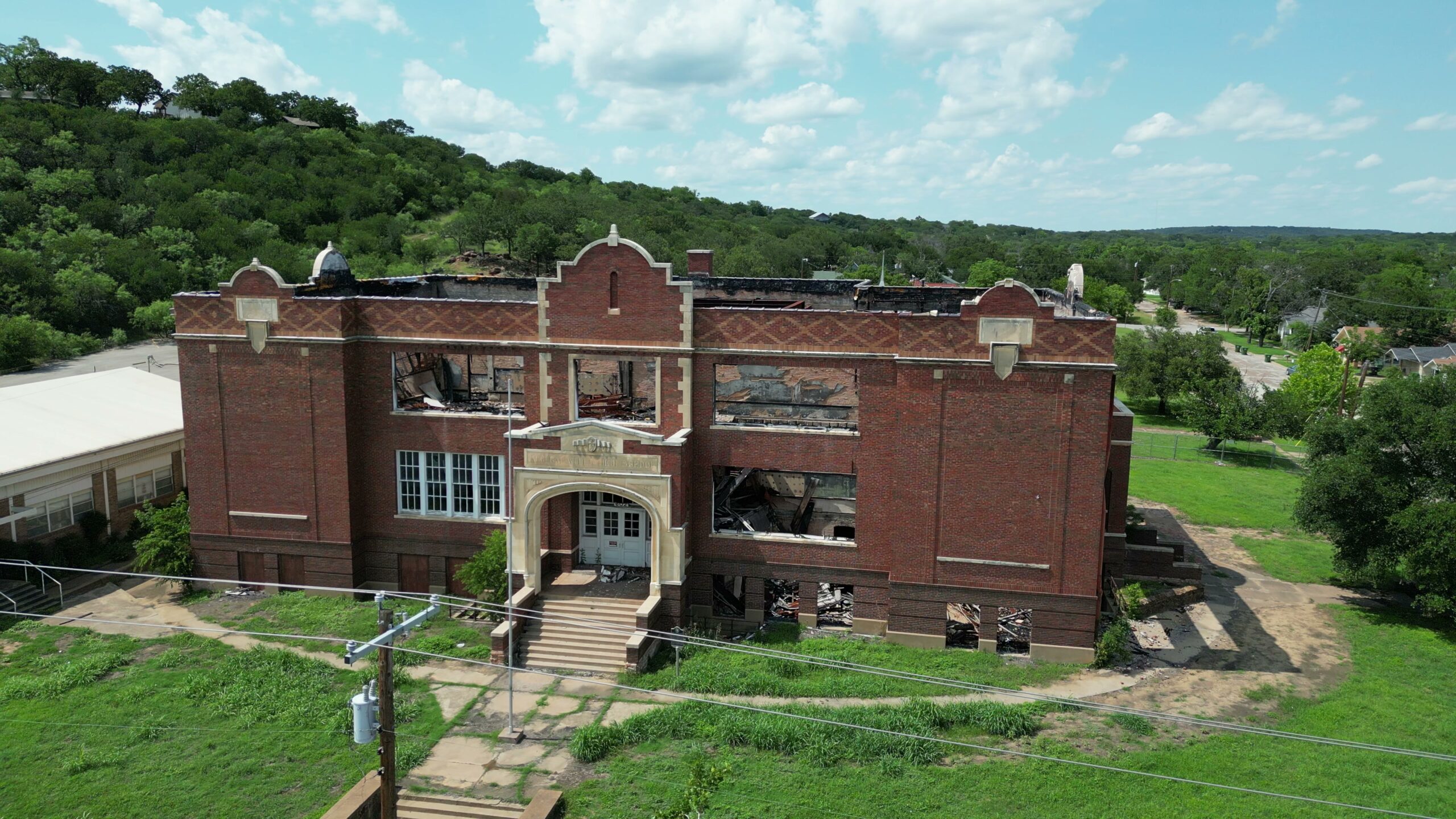 Fire-damaged former Mineral Wells High School in 2025